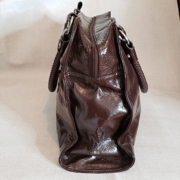 Oversized Purse Brown Tote Bow Front High Shine Shoulder Bag 17" Wide - Picture 4 of 16